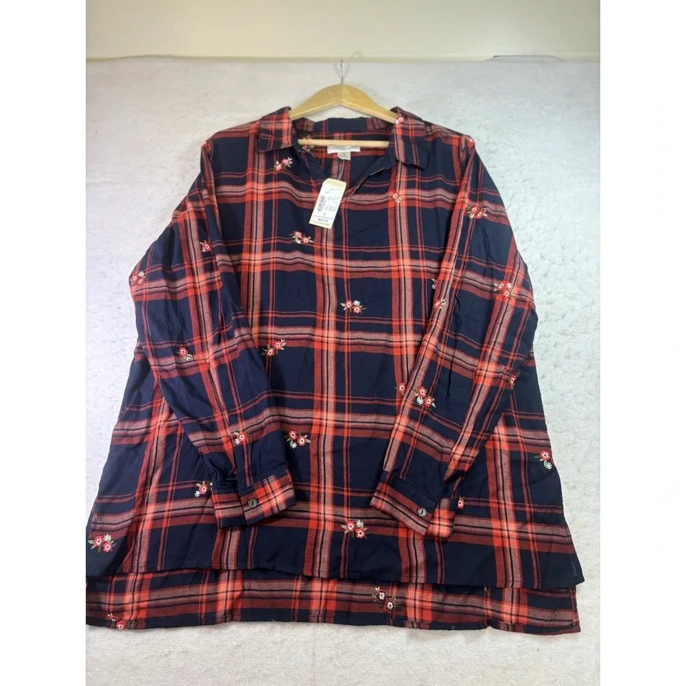 Christopher & Banks Women's Plaid Embroidered L/SL Shirt Size XL Navy/Red NWT